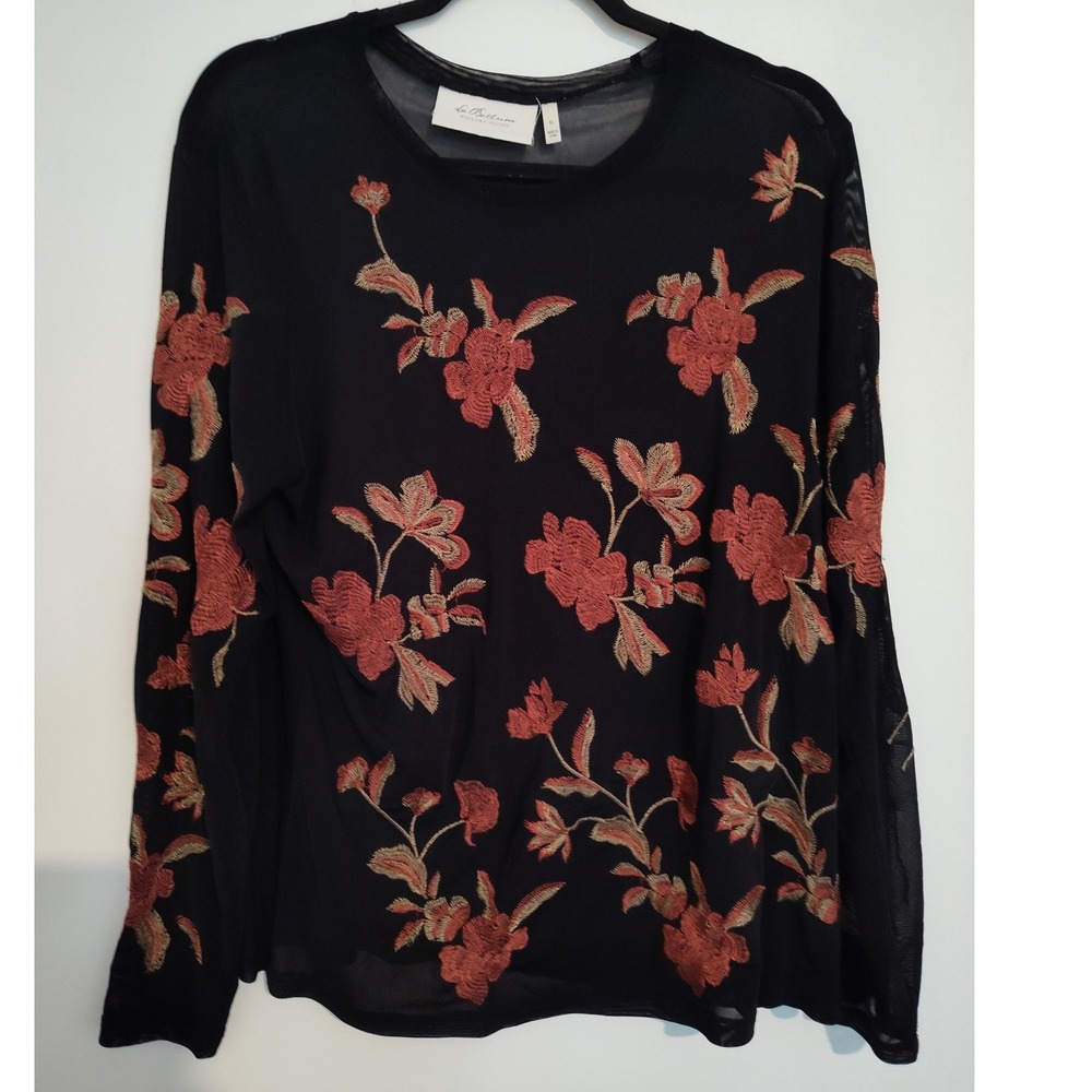 La Bellum Hillary Scott Black Sheer Mesh Floral Embroidered Long Sleeve Top XL